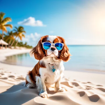 Dog with sunglasses sitting on the beach near the water.