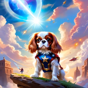 A Cavalier King Charles Spaniel dressed as Captain America with a dramatic sky and bright light.