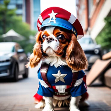 A Cavalier King Charles Spaniel dressed in a Captain America costume sitting on a city street.