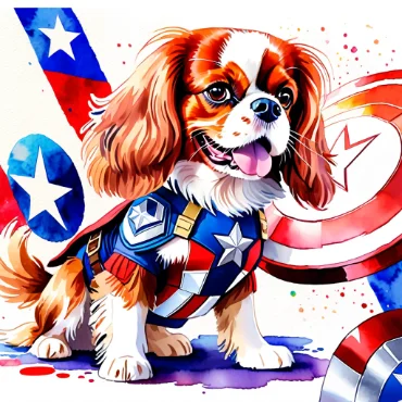 A Cavalier King Charles Spaniel dressed in a Captain America outfit with a shield in the background.