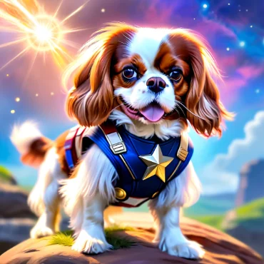 A Cavalier King Charles Spaniel in a Captain America costume standing on a rock with a glowing star in the sky.