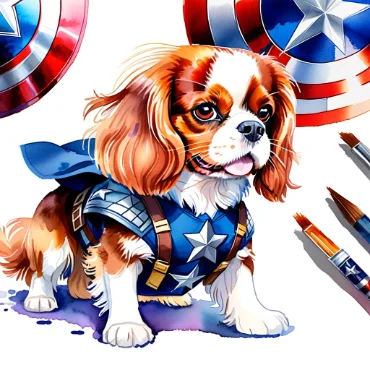 A Cavalier King Charles Spaniel in a Captain America costume with brushes and shields around.