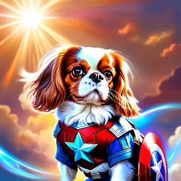 A Cavalier King Charles Spaniel in a Captain America outfit with a bright sun and shield behind.