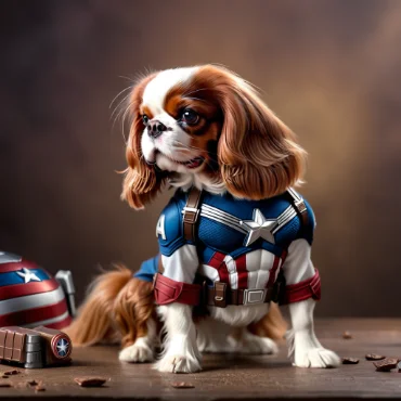 A Cavalier King Charles Spaniel in a detailed Captain America costume with shield and brown background.