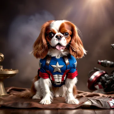 A Cavalier King Charles Spaniel in Captain America gear with a star and shield in a room.