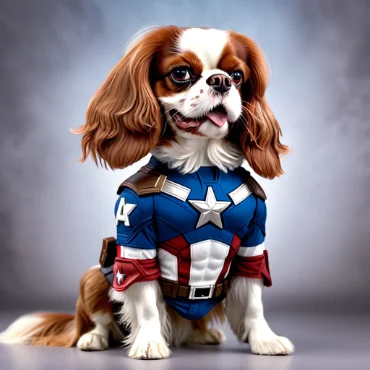 A Cavalier King Charles Spaniel wearing a Captain America suit, sitting against a grey background.