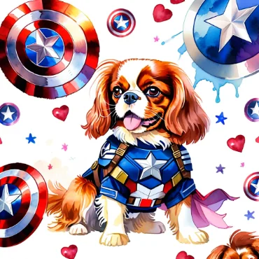 A Cavalier King Charles Spaniel wearing a Captain America suit with multiple shields and hearts in the background.