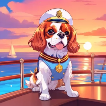 Cute dog on a yacht at sunset with the ocean in the background.