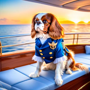 Dog dressed as a naval officer on a yacht at sunset.