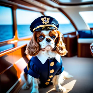 Dog in a captain's uniform on a yacht, looking at the camera.