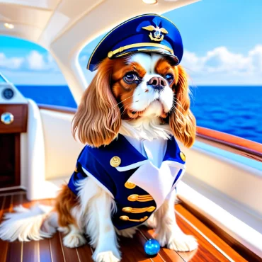 Dog in a captain's uniform on a yacht, looking into the distance.