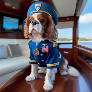 Dog in a captain's uniform on a yacht, looking proud.