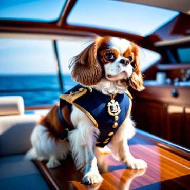 Dog in a captain's uniform on a yacht, looking serious.