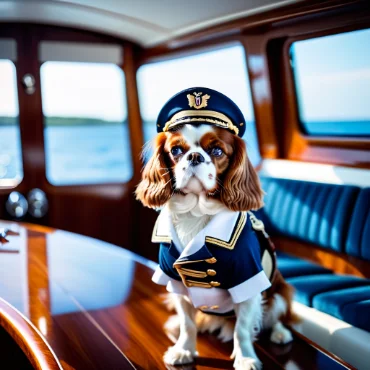 Dog in a captain's uniform on a yacht, posing regally.