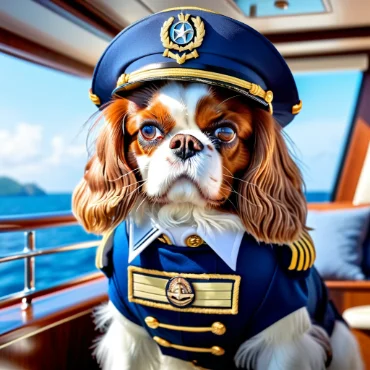 Dog in a captain's uniform on a yacht with a serious expression.