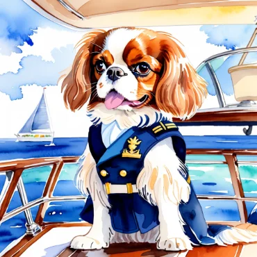 Illustration of a dog in a captain's uniform on a boat with a sailboat in the background.