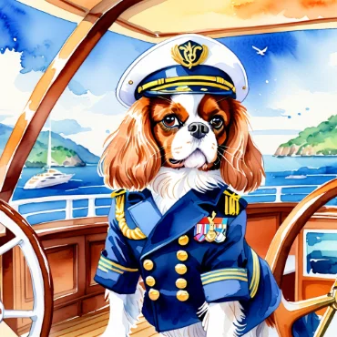 Illustration of a dog in a naval captain's uniform on a boat with a scenic background.