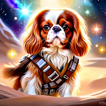 Cavalier King Charles Spaniel as Chewbacca in a starry space background.