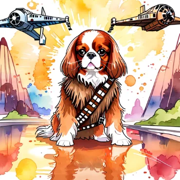 Cavalier King Charles Spaniel as Chewbacca with starships flying above and colorful background.