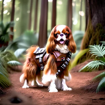 Cavalier King Charles Spaniel dressed as Chewbacca in a forest environment.