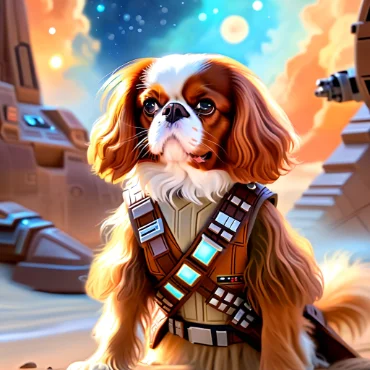 Cavalier King Charles Spaniel dressed as Chewbacca on a futuristic planet background.