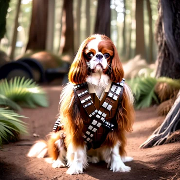 Cavalier King Charles Spaniel dressed as Chewbacca sitting in a forest.