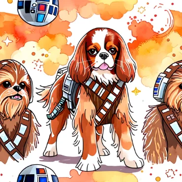 Cavalier King Charles Spaniel dressed as Chewbacca with orange and yellow background.