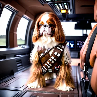 Cavalier King Charles Spaniel in Chewbacca costume inside a spaceship interior.