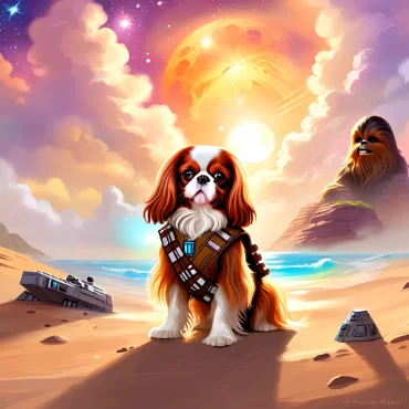 Cavalier King Charles Spaniel in Chewbacca costume on a beach with a sci-fi background.