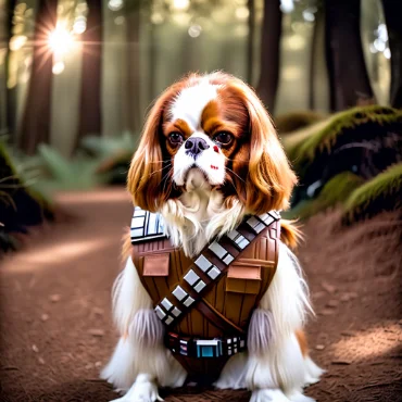 Cavalier King Charles Spaniel in Chewbacca costume sitting in a forest path.