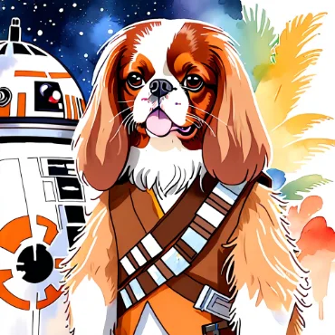 Cavalier King Charles Spaniel in Chewbacca costume with R2-D2 and colorful background.