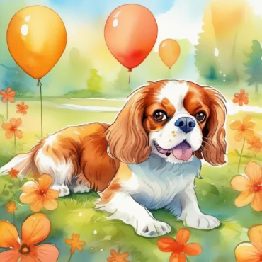 Cavalier King Charles Spaniel lying on grass with orange balloons and flowers around.