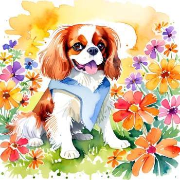 Cavalier King Charles Spaniel sitting among colorful flowers with a yellow background.