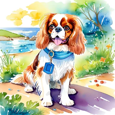 Cavalier King Charles Spaniel sitting near the seaside with a blue scarf and a scenic view.