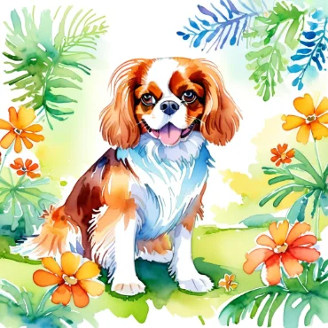 Cavalier King Charles Spaniel sitting on grass surrounded by orange and yellow flowers.