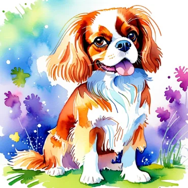 Cavalier King Charles Spaniel sitting on grass with a colorful nature background.