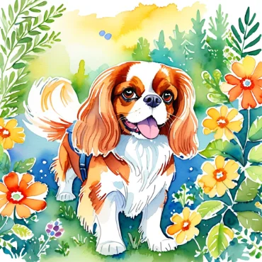 Cavalier King Charles Spaniel standing among vibrant flowers and green foliage.