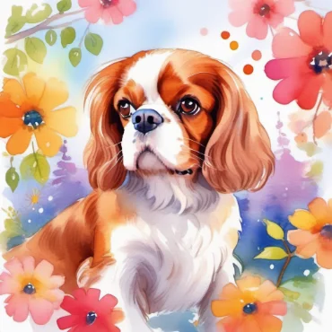 Cavalier King Charles Spaniel surrounded by colorful flowers in a garden.