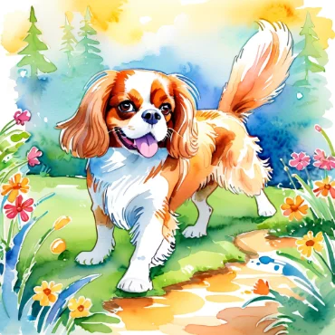 Cavalier King Charles Spaniel walking on a path with flowers and trees in the background.