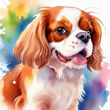 Close-up of a Cavalier King Charles Spaniel with a colorful background.