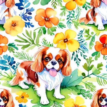 Pattern of Cavalier King Charles Spaniel and colorful flowers on a white background.