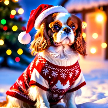 Cavalier King Charles Spaniel in Christmas outfit and Santa hat in a snowy holiday scene.