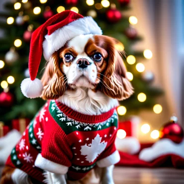 Cavalier King Charles Spaniel in Christmas sweater and Santa hat surrounded by festive decorations.