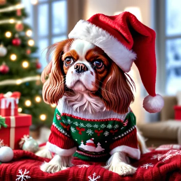 Cavalier King Charles Spaniel in Christmas sweater and Santa hat with a decorated tree and gifts.