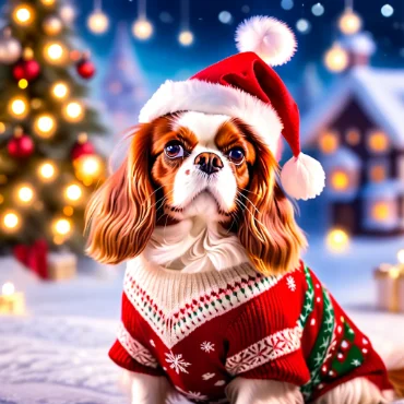 Cavalier King Charles Spaniel in Christmas sweater and Santa hat with festive lights and decorated tree.