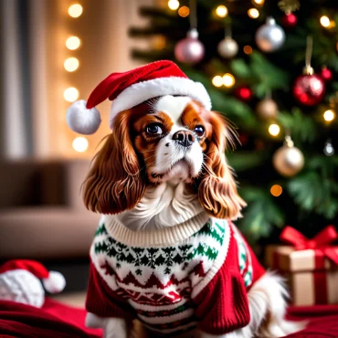 Cavalier King Charles Spaniel in Christmas sweater and Santa hat with holiday decorations and lights.