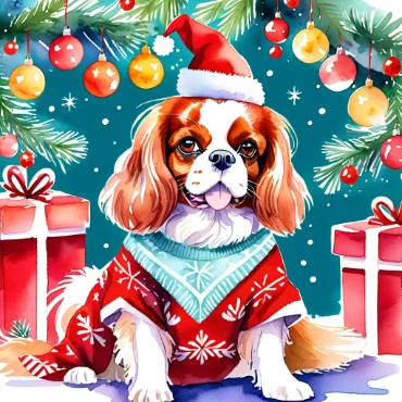 Cavalier King Charles Spaniel in red Christmas outfit and Santa hat surrounded by gifts and ornaments.