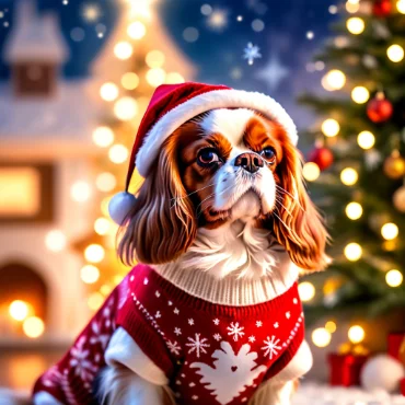 Cavalier King Charles Spaniel in red Christmas sweater and Santa hat with festive lights and decorations.