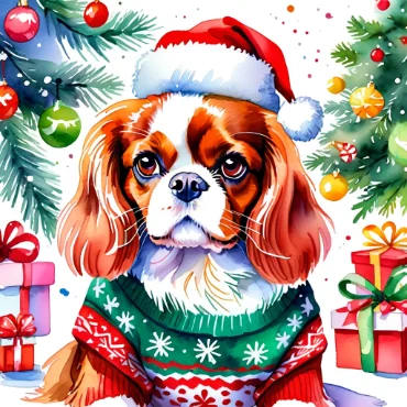 Cavalier King Charles Spaniel in Santa hat and Christmas sweater with gifts and decorated tree.