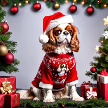 Cavalier King Charles Spaniel in Santa hat and festive sweater in a decorated holiday room.